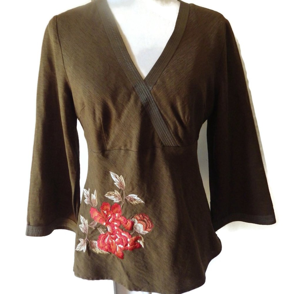 Carole Little Silk Top/ Kimono Style/ Olive Green/ Embroidered/ MEDIUM